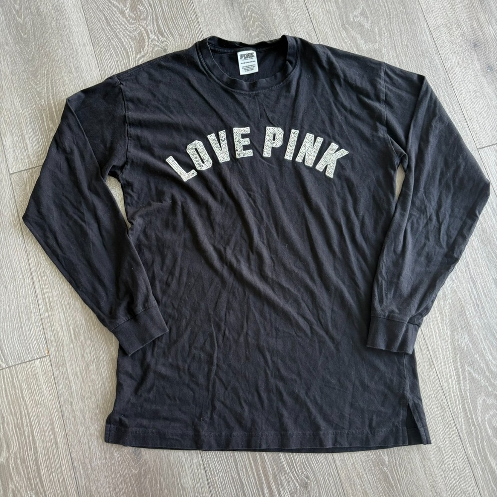 Victoria's Secret Pink Womens Black Sequin Longβ Sleeve Campus Tee Shirt Size XS